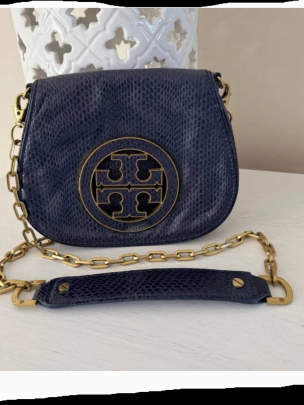 Tory Burch Reva Blue Snakeskin Embossed Leather Bag